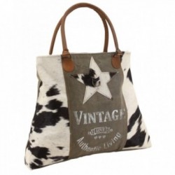 Bolsa de couro e algodão | Saco vintage com alças de couro genuíno e estrela impressa