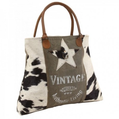 Bolsa de couro e algodão | Saco vintage com alças de couro genuíno e estrela impressa