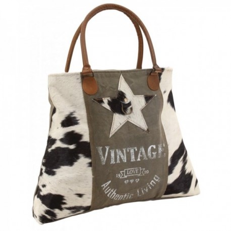 Vintage cowhide and cotton handbag