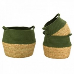 Serie de 3 cestas con asas de junco natural y teñido caqui
