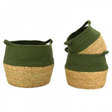 Series of 3 baskets with handles in natural and khaki-tinted rush