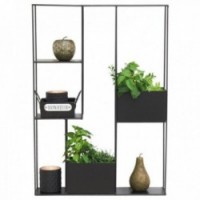 Musta metallihylly, jossa on 4 lokeroa ja 2 lokeroa