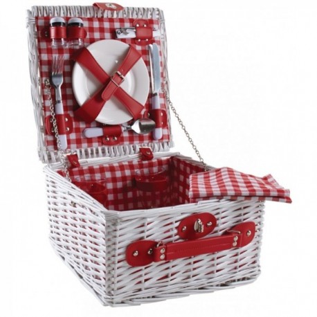 Picnic suitcase in white lacquered wicker 2 place settings