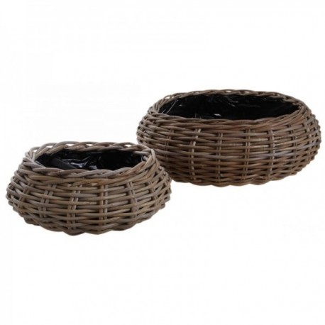 Set of 2 round pots in gray pole with plastic lining | Braided wicker plants baskets
