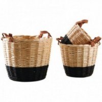 Series of 3 lacquered wicker planters with leather handles