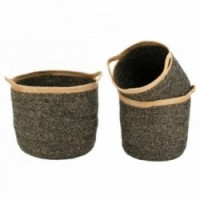 Series of 3 round planters in black tinted natural jute with 2 handles