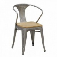 Brushed steel industrial chair with oiled wooden seat