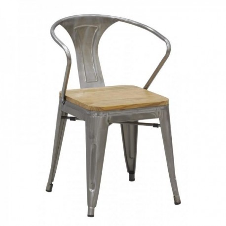 Chaise industrielle en acier brossé avec assise en bois d'orme huilé