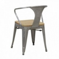 Industrial chair in brushed steel with seat in oiled elm wood