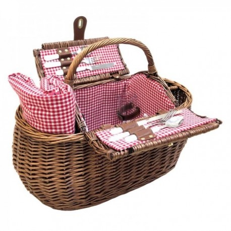 Picnic basket 2 cutlery in natural wicker with red and white checks printed Vichy