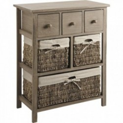 Cômoda 3 gavetas de madeira choupo e 3 cestas de milho juta forro - Armário de armazenamento natural e elegante para quarto