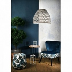 Living room armchair in jungle midnight blue velvet and cotton
