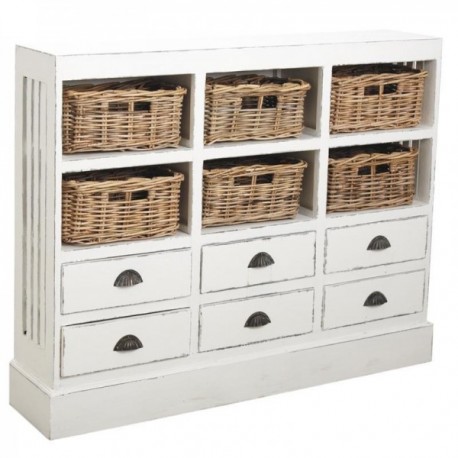 Chest of drawers in antique white wood and poelet