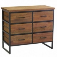 Cômoda de madeira reciclada 6 gavetas estilo industrial com estrutura e alças de metal bruto para quarto ou sala de estar