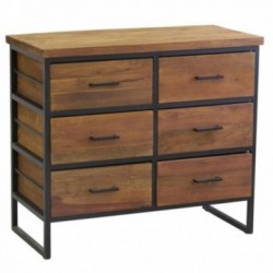 Cômoda de madeira reciclada 6 gavetas estilo industrial com estrutura e alças de metal bruto para quarto ou sala de estar
