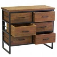 Cômoda de madeira reciclada 6 gavetas estilo industrial com estrutura e alças de metal bruto para quarto ou sala de estar