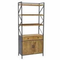 Shelf cabinet in pine wood and metal 4 shelves, 2 drawers, 2 doors