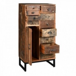 Commode haute en bois recyclé et métal style industriel, meuble de rangement unique, robuste et écoresponsable pour la maison