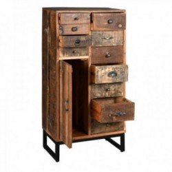 High chest of drawers in recycled wood and metal