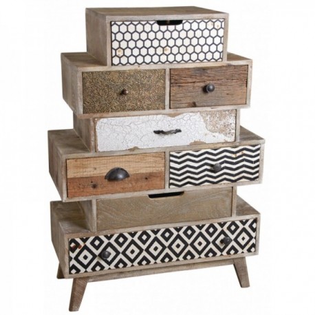 Diseño de cómoda Zig-Zag en Mango | Muebles 8 cajones tallados mano y gráficos impresos metal