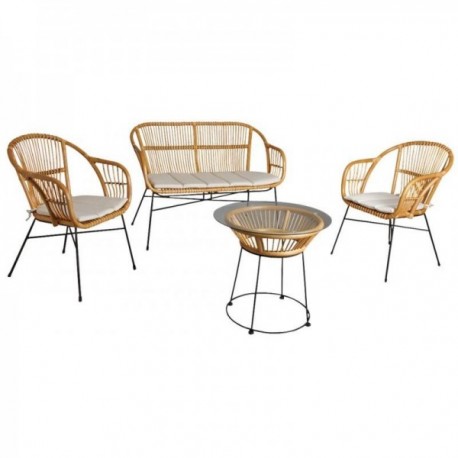 Rattan garden furniture 2 armchairs + 1 2-seater sofa with cushions + 1 round table