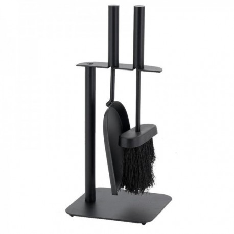 Black lacquered metal chimney valet with 1 shovel and 1 broom