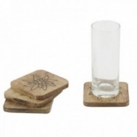 Lot de 4 dessous de verres en bois manguier, décor sculpté edelweiss