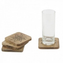 Conjunto de 4 bases para copos em madeira de mangueira, decoração em edelvaisse esculpido