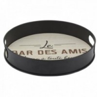 Serveringsbricka i rund trä och metall "Le bar des amis"