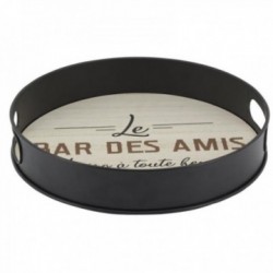 Serveringsbakke i rund træ og metal 'Le bar des amis'