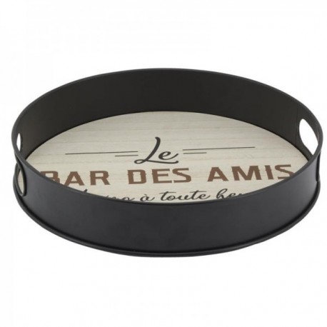 Serveringsbakke i rund træ og metal 'Le bar des amis'