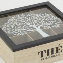 Caja de té 9 compartimentos en madera teñida Árbol de la vida