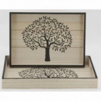 Set of 2 rectangular serving trays in natural wood (Tree of life)