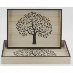 Conjunto de 2 tabuleiros de servir rectangulares em madeira natural (Árvore da vida)