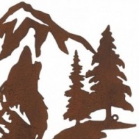 Decoración de la pared de pared Lobo y abeto: escultura de pared Silueta de silueta Metal Naturaleza Gran formato para sala de e