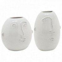 Sæt med 2 hvide keramikvaser med ansigtsmønster
