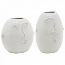 Set med 2 vita keramikvaser med ansiktsmönster
