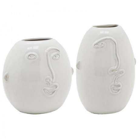 Set aus 2 weißen Keramikvasen mit Gesichtsmotiv