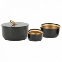 Series of 3 black lacquered metal boxes with leather handles