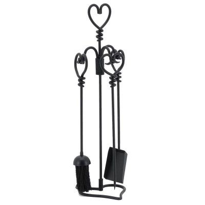 Chimenea de valet Hierro forjado Corazón Negro 3 Accesorios Pala, Romántico Poker Broom