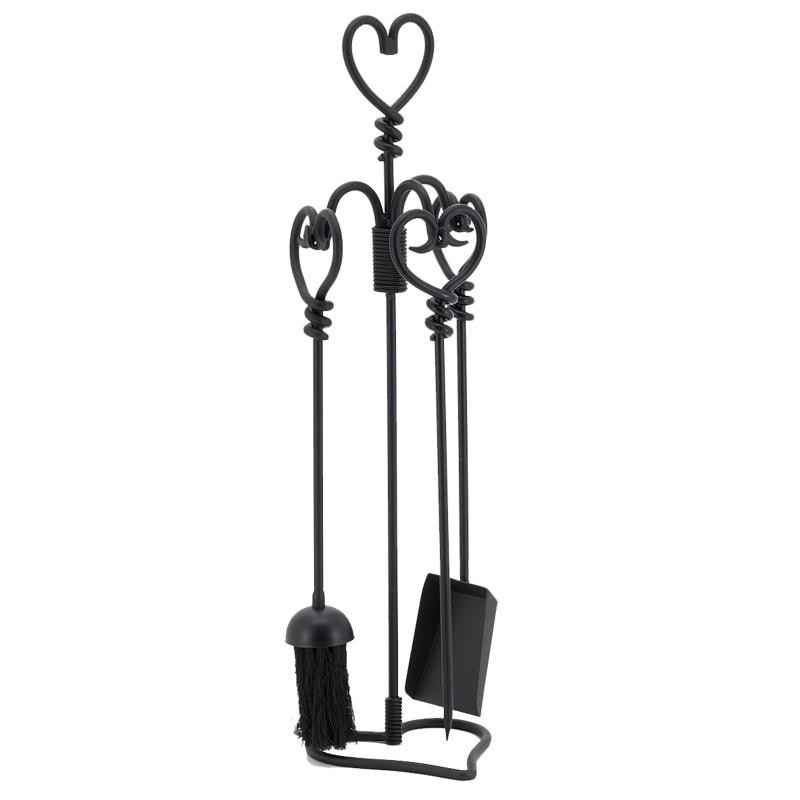 Valet de Cheminée Fer Forgé Noir Cœur 3 Accessoires Pelle, Balai Tisonnier Romantique