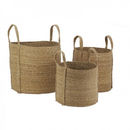 Set of 3 natural rush planters with handles