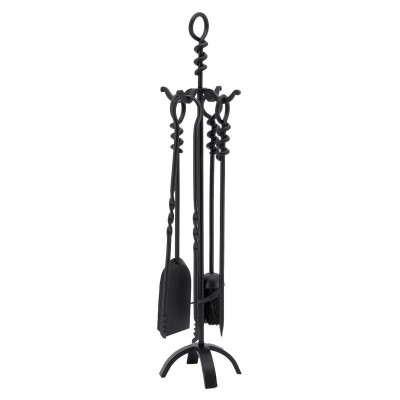 Chimenea de hierro forjado negro Valet 4 accesorios Pala, escoba, póker, clip