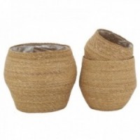 Set of 3 round planters in natural rush