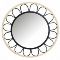 Round mirror in metal and rattan in the shape of a flower