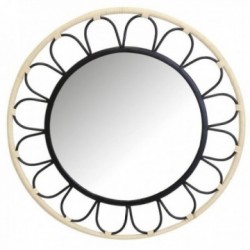 Ronde spiegel van metaal en rotan in de vorm van een bloem
