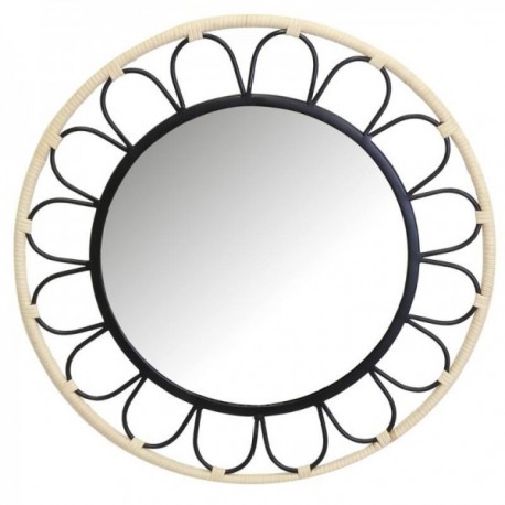 Round mirror in metal and rattan in the shape of a flower