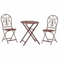 Runder Gartentisch + 2 Stühle aus antikrot lackiertem Metall