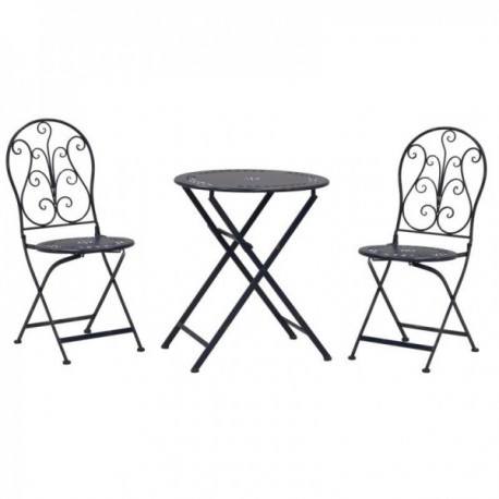 Garden folding table + 2 folding chairs in antique blue lacquered metal.
