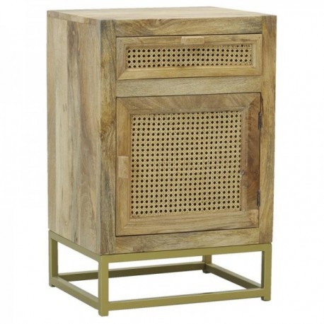 Bedside table in natural mango wood and rattan